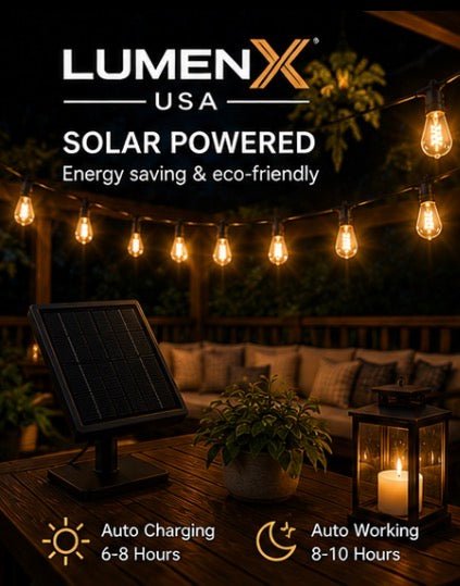 LumenX Pro Solar Spiral Sting Light -Super Bright 48 Ft, 15 Bulbs Waterproof LED Outdoor String Lights 4W Vintage Spiral Edison Bulbs - 48 Ft Commercial Grade Patio Lights