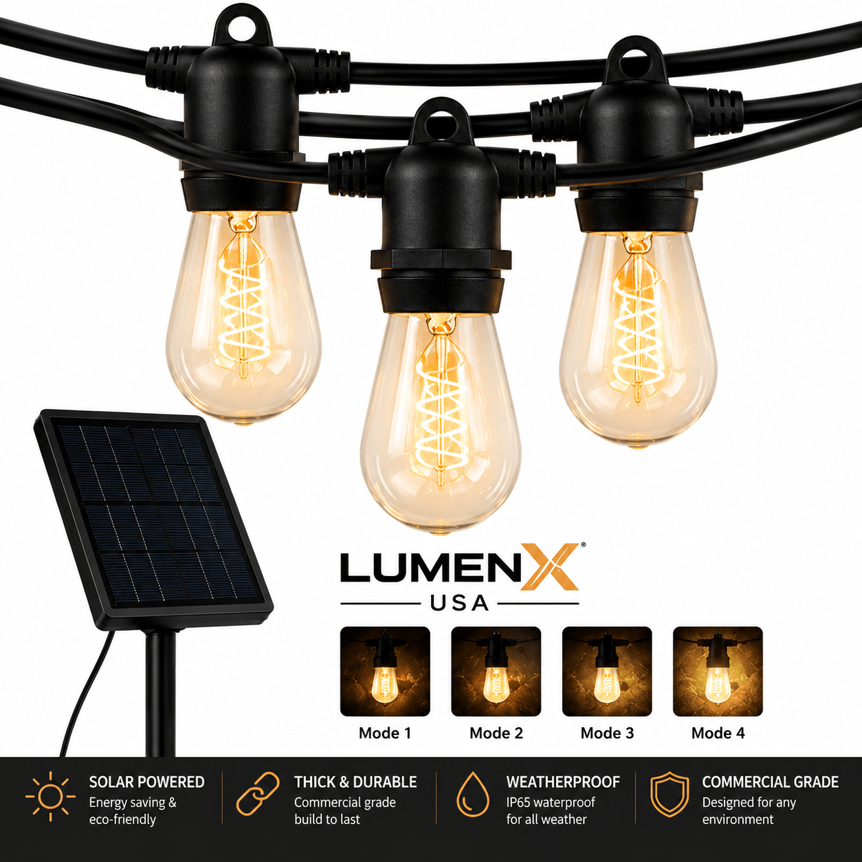 LumenX Pro Solar Spiral Sting Light -Super Bright 48 Ft, 15 Bulbs Waterproof LED Outdoor String Lights 4W Vintage Spiral Edison Bulbs - 48 Ft Commercial Grade Patio Lights