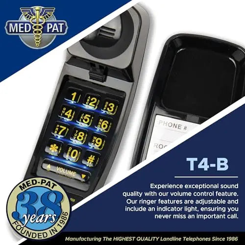 Med-Pat T-4 Trimline Telephone — Corded Amplified Phone, Wall-Mountable & Hearing Aid Compatible for Seniors