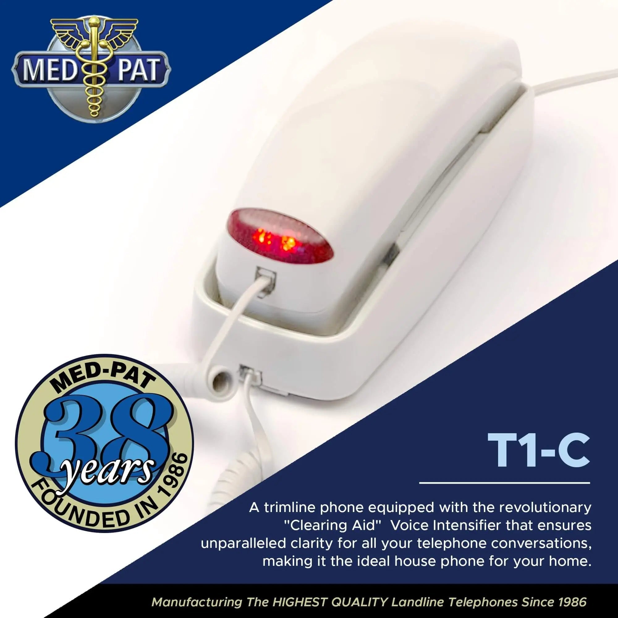 Med-Pat T1C Sleek Trimline Corded Telephone – Dove Gray | Wall-Mountable, Hearing Aid Compatible, Ring/In-Use Light