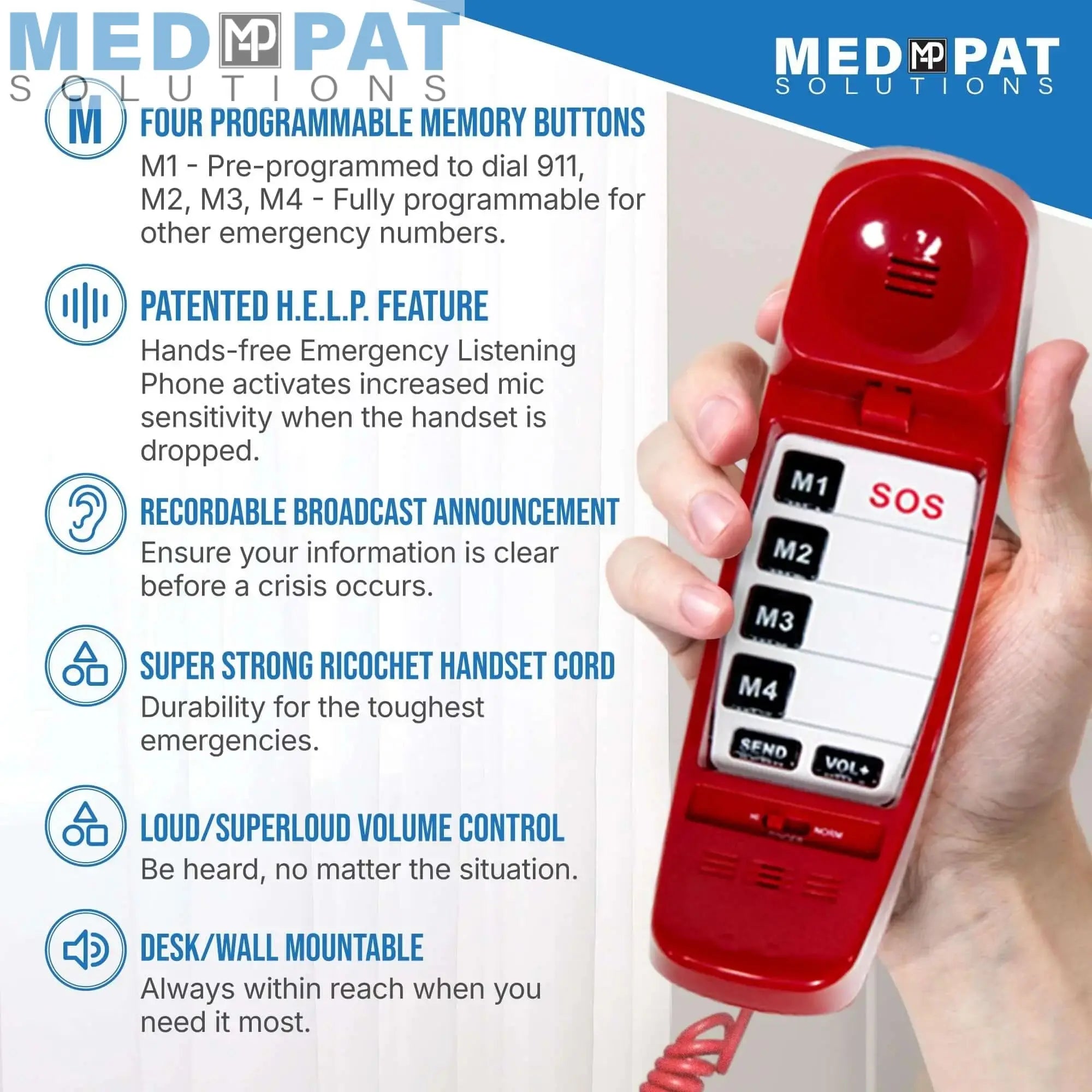 FIRST M by TAFEA Emergency Phone | One-Button 911 Dialer, Programmable M2–M4, Hands-Free Listening, Loud Ringer – Ideal for Homes, Gyms, Hospitals, Hotels & Public Spaces