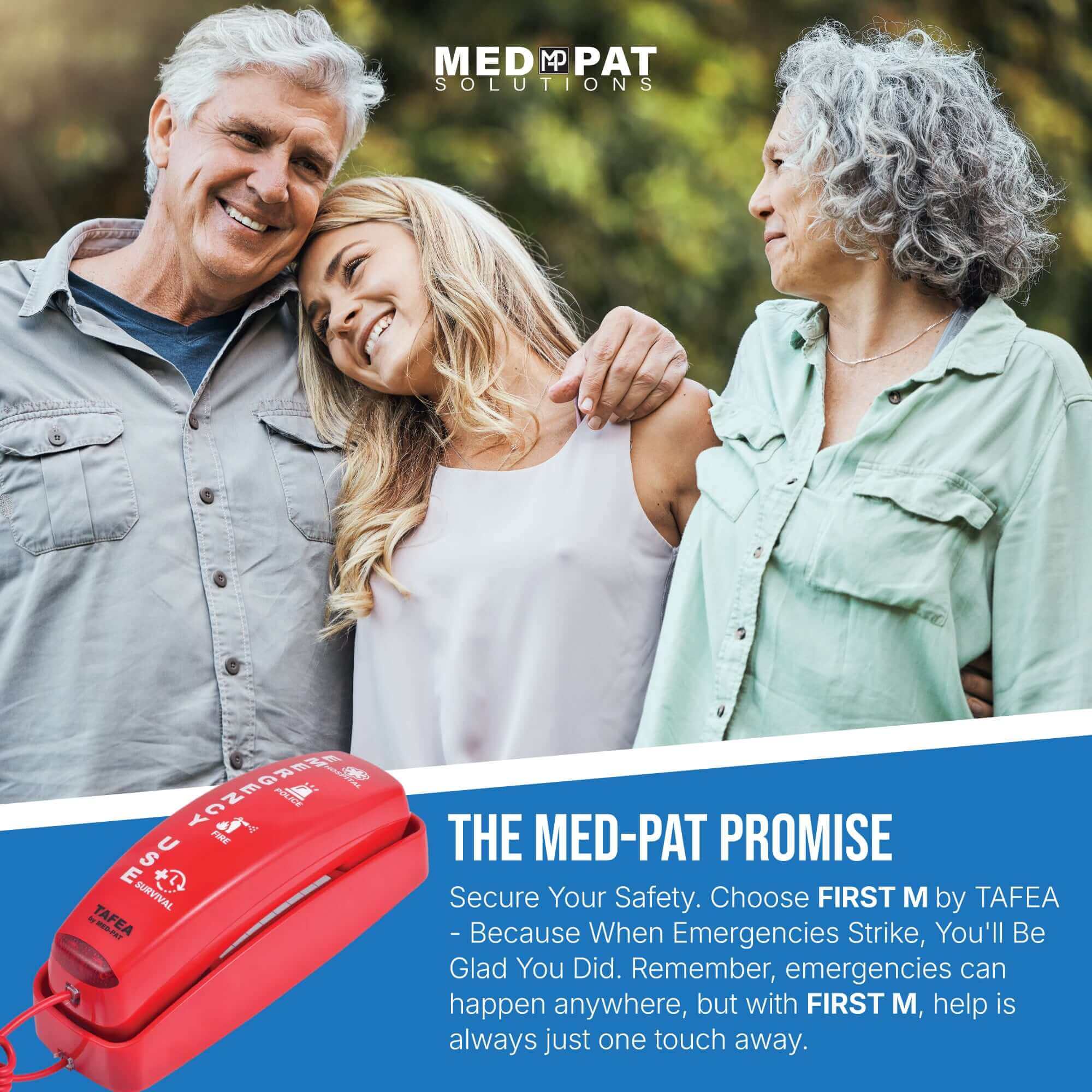FIRST M by TAFEA Emergency Phone | One-Button 911 Dialer, Programmable M2–M4, Hands-Free Listening, Loud Ringer – Ideal for Homes, Gyms, Hospitals, Hotels & Public Spaces