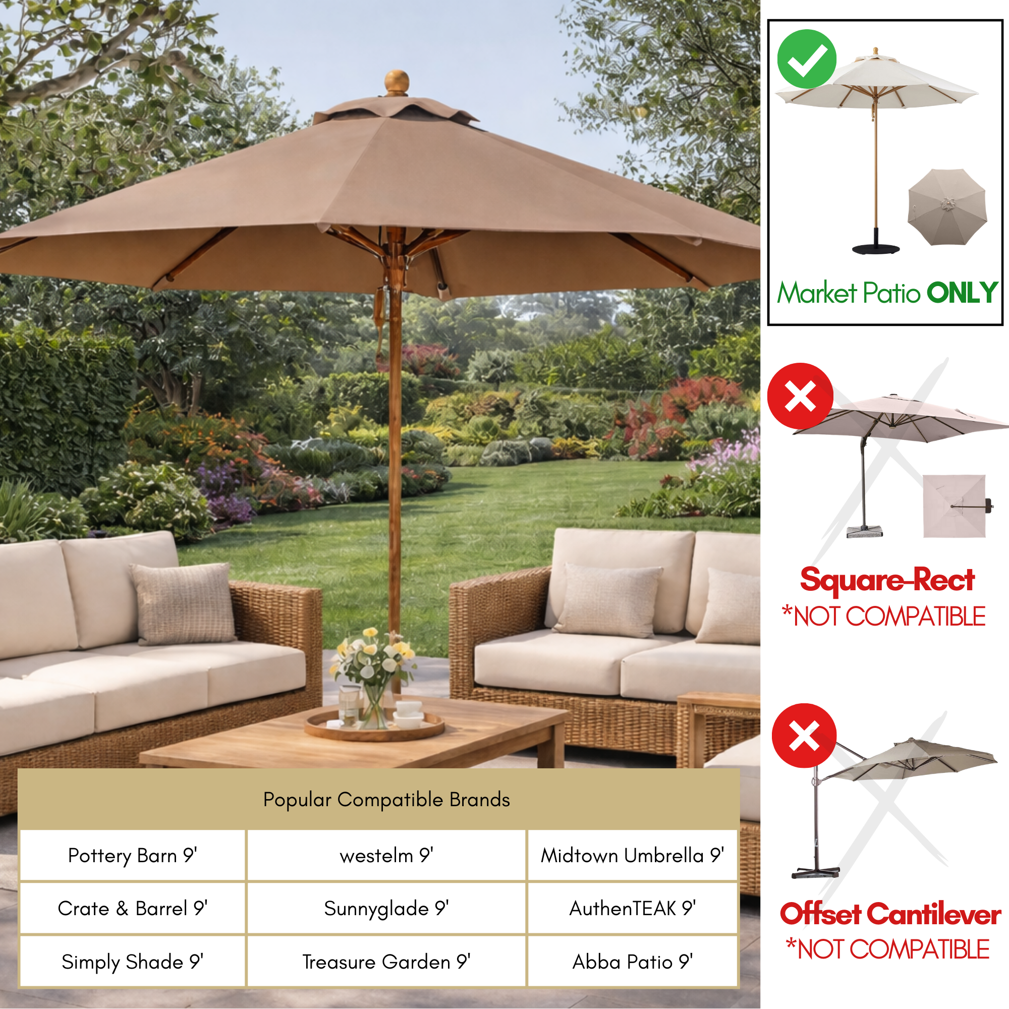 9ft Market Patio Umbrella 8 Rib Replacement Canopy Mocha Mousse