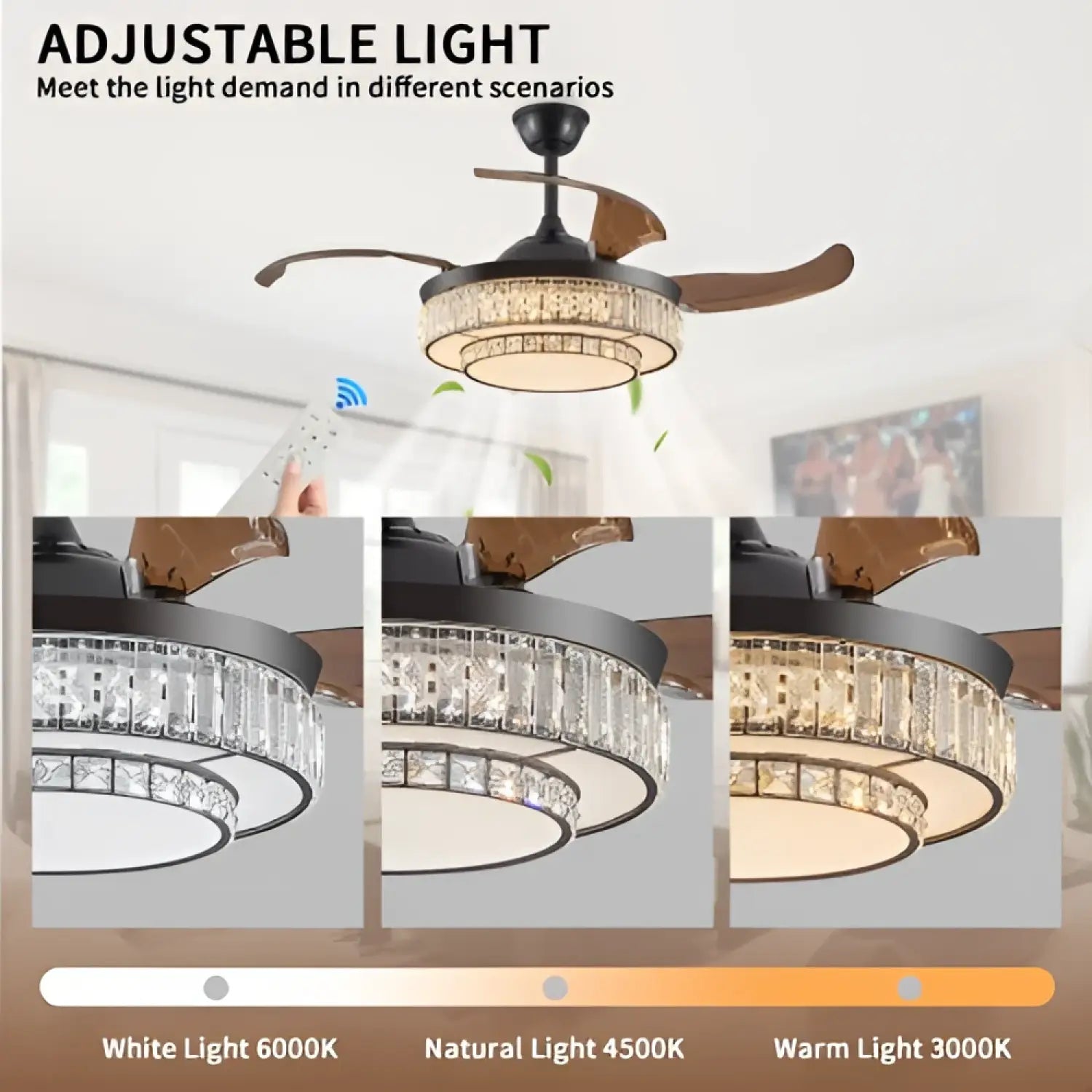 Modern Indoor Ceiling Fan with Retractable LED Light, Remote, and 4 Blades