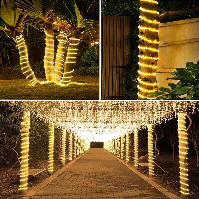 New Upgraded Solar Strip Lights 200 LED 16ft 19 Modes Solar Powered & USB Rechargeable String Lights Outdoor Waterproof with Remote Timer Dimmable for Pool Yard Party Wedding Christmas