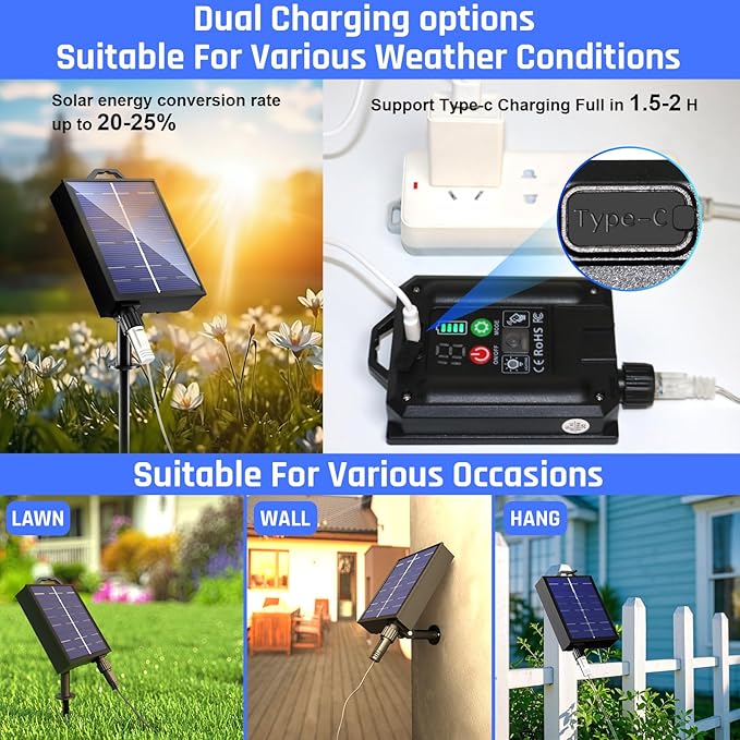 New Upgraded Solar Strip Lights 200 LED 16ft 19 Modes Solar Powered & USB Rechargeable String Lights Outdoor Waterproof with Remote Timer Dimmable for Pool Yard Party Wedding Christmas