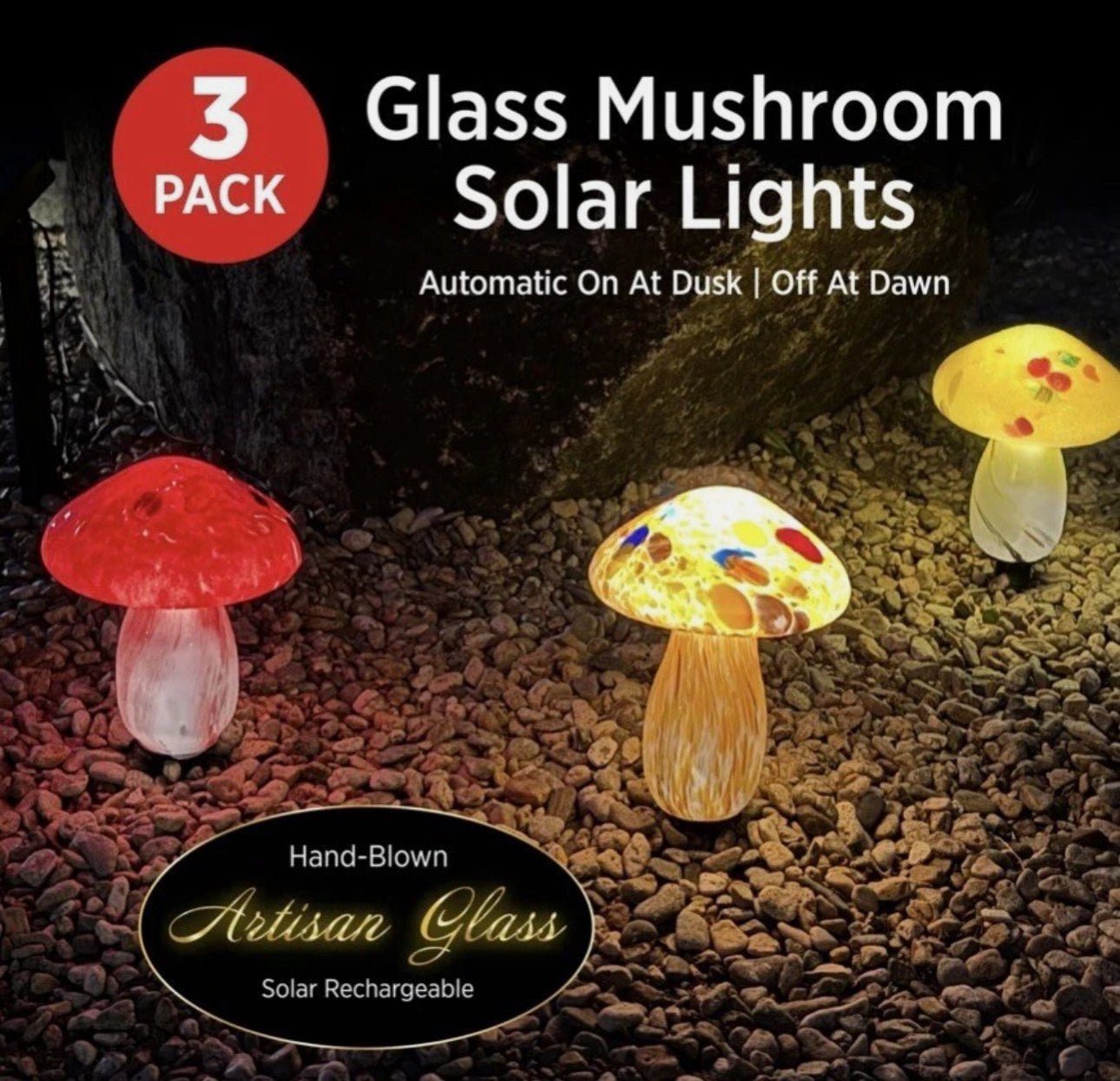 SmartYard Solar Mushroom Landscape Accent Light Glass Set of 3 Pack