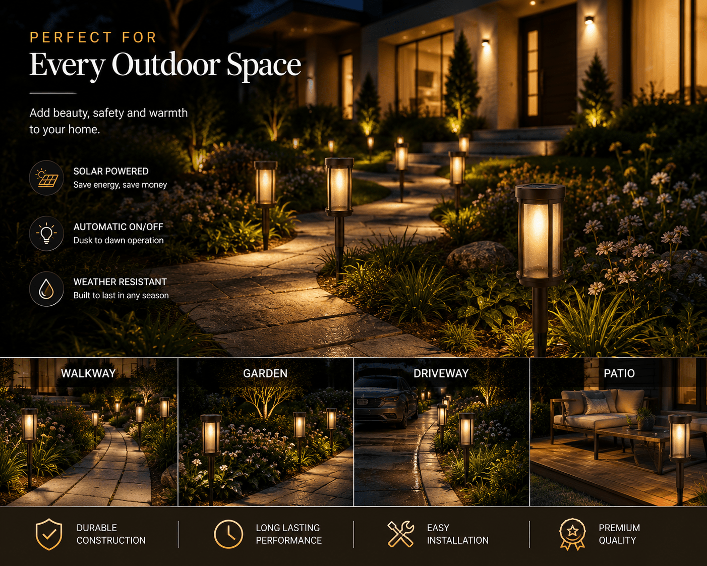 SmartYard Solar Pathway Lights Outdoor, 8-Pack Glass and Aluminum Garden Lights, IP65 Waterproof Warm White LED Lights for Walkways, Patios and Lawns