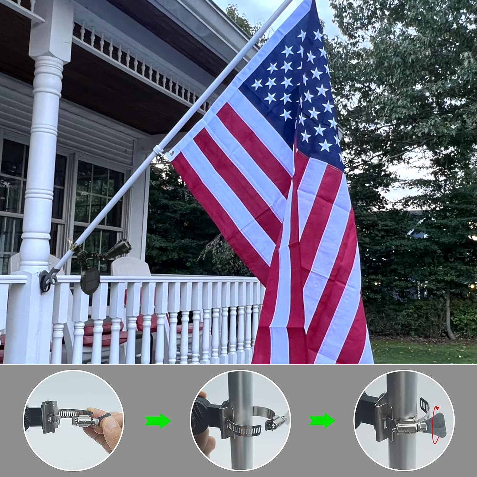 Solar Flag Pole Light, Flagpole Light Solar Powered, Super Bright PC Crystal LED Spotlight, Adjustable Bracket & Metal Clamp Fits 1-1.5" Flagpole
