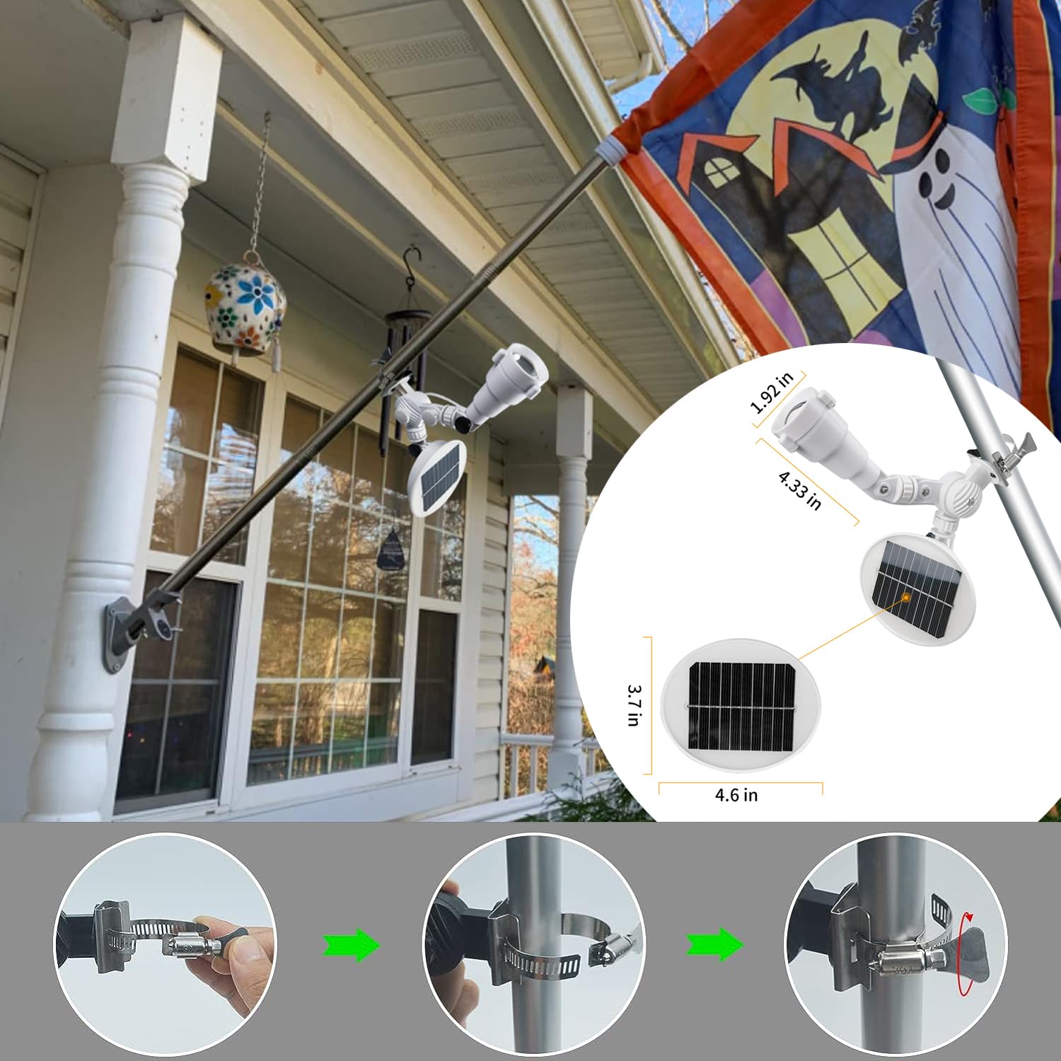 Solar Flag Pole Light, Flagpole Light Solar Powered, Super Bright PC Crystal LED Spotlight, Adjustable Bracket & Metal Clamp Fits 1-1.5" Flagpole