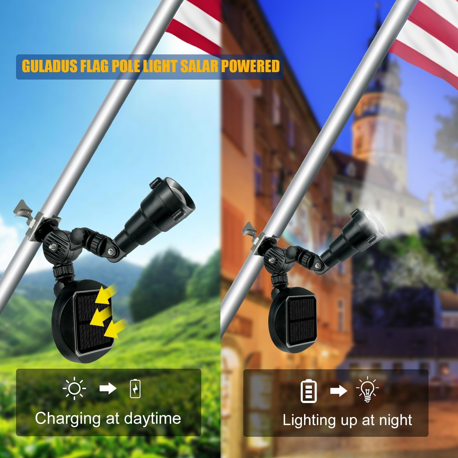 Solar Flag Pole Light, Flagpole Light Solar Powered, Super Bright PC Crystal LED Spotlight, Adjustable Bracket & Metal Clamp Fits 1-1.5" Flagpole