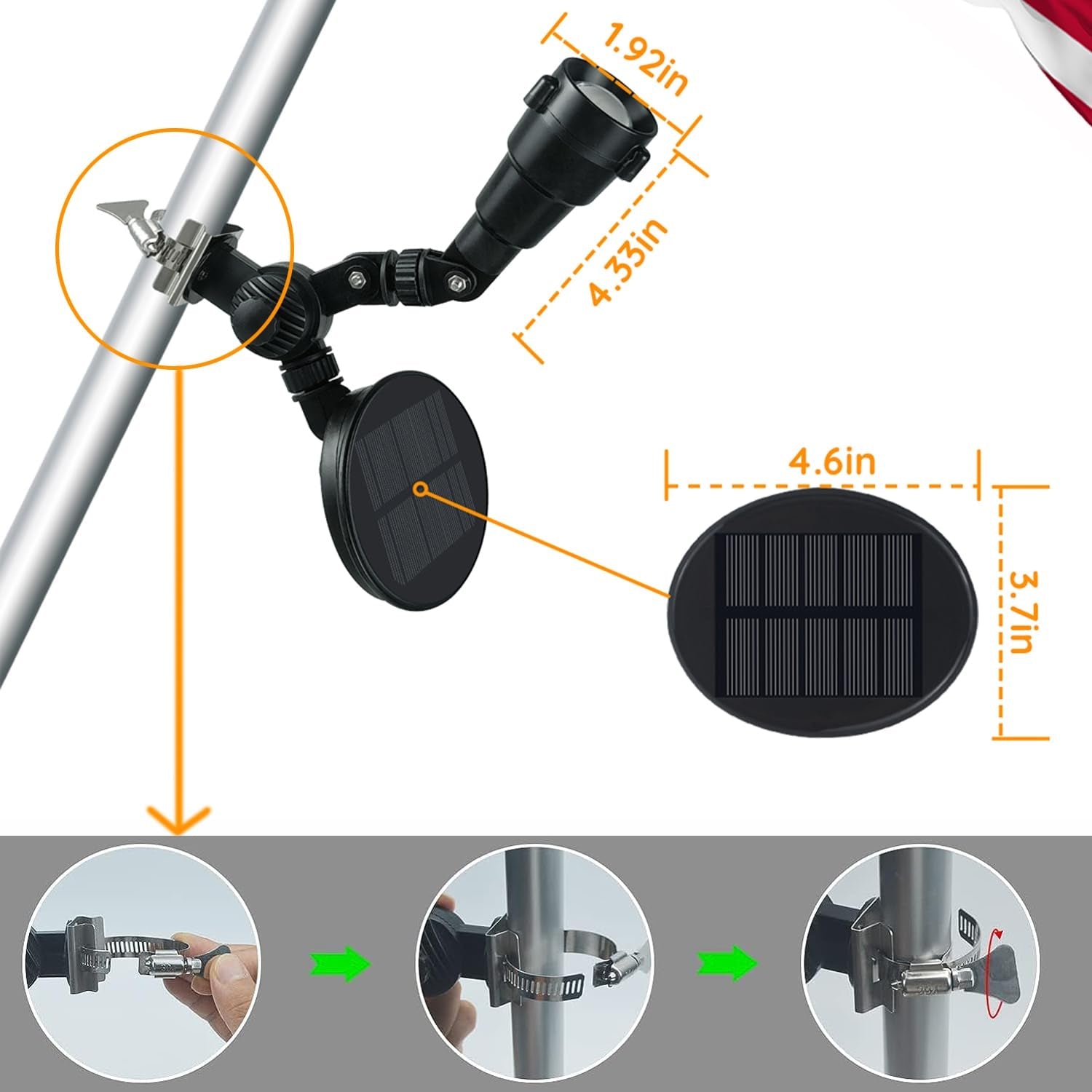 Solar Flag Pole Light, Flagpole Light Solar Powered, Super Bright PC Crystal LED Spotlight, Adjustable Bracket & Metal Clamp Fits 1-1.5" Flagpole