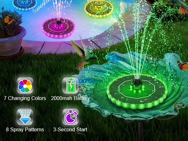 Solar Fountain Colorful Ring Lights, 2026 3.5W Solar Water Fountain with 2000mah Battery, Solar Fountain Pump for Bird Bath, Pond, Pool, Outdoor