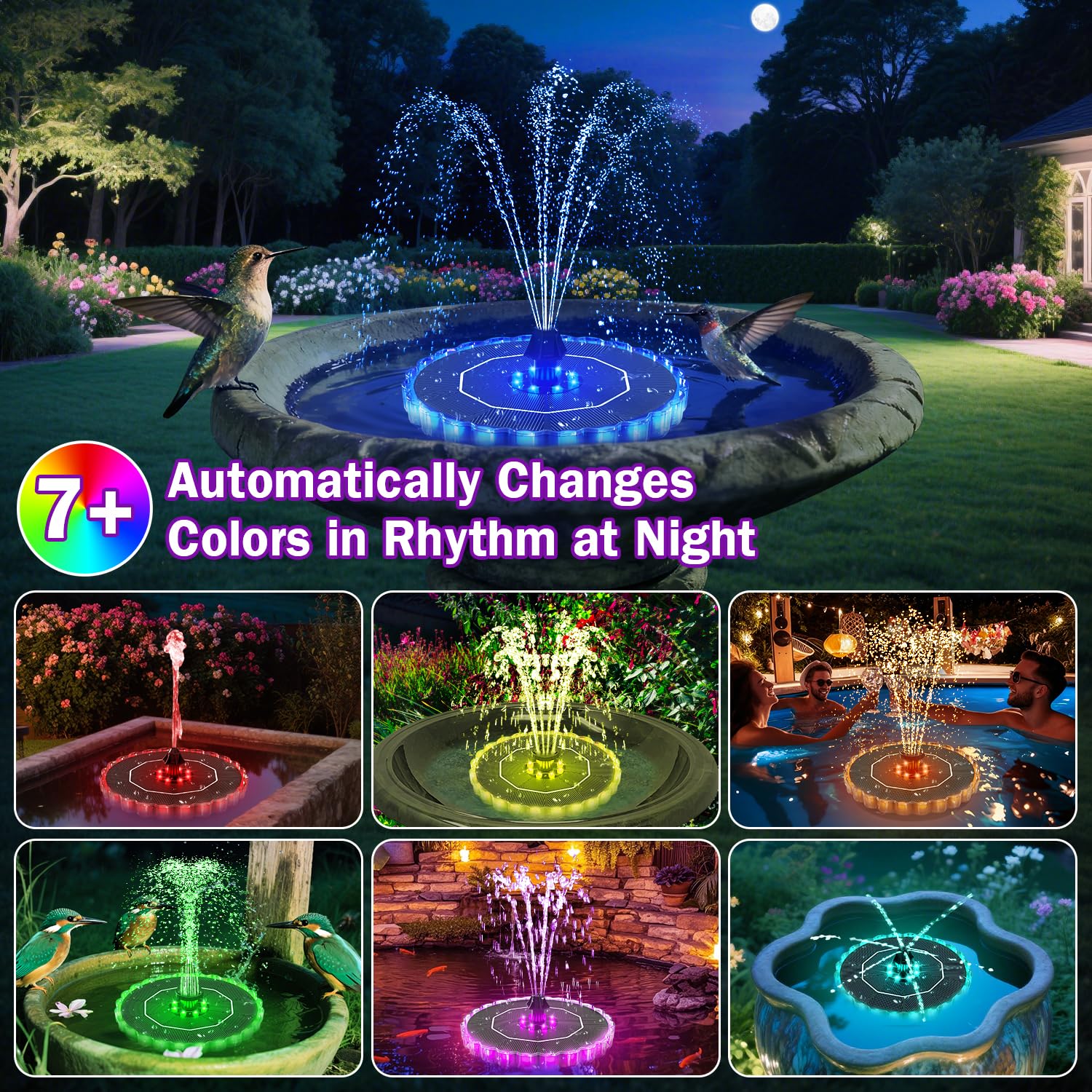 Solar Fountain Colorful Ring Lights, 2026 3.5W Solar Water Fountain with 2000mah Battery, Solar Fountain Pump for Bird Bath, Pond, Pool, Outdoor