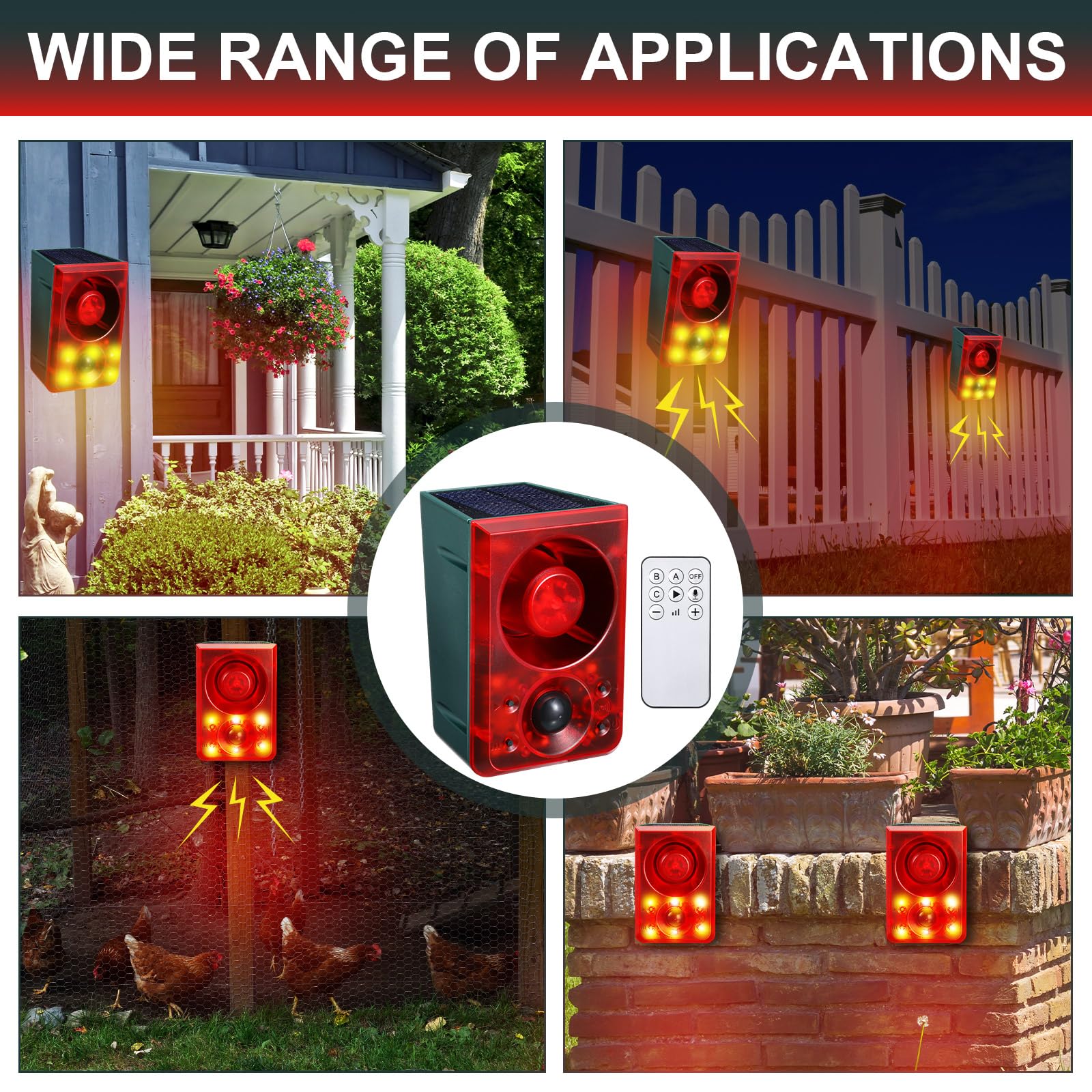 Solar Motion Sensor Alarm Outdoor - Dog Barking & Gunshot Sound, Support Recording & Adjustable Volume, 130db Loud Motion Detector Alarm with Strobe Light, Scare Away Coyote, Deer, Bear, Raccoon