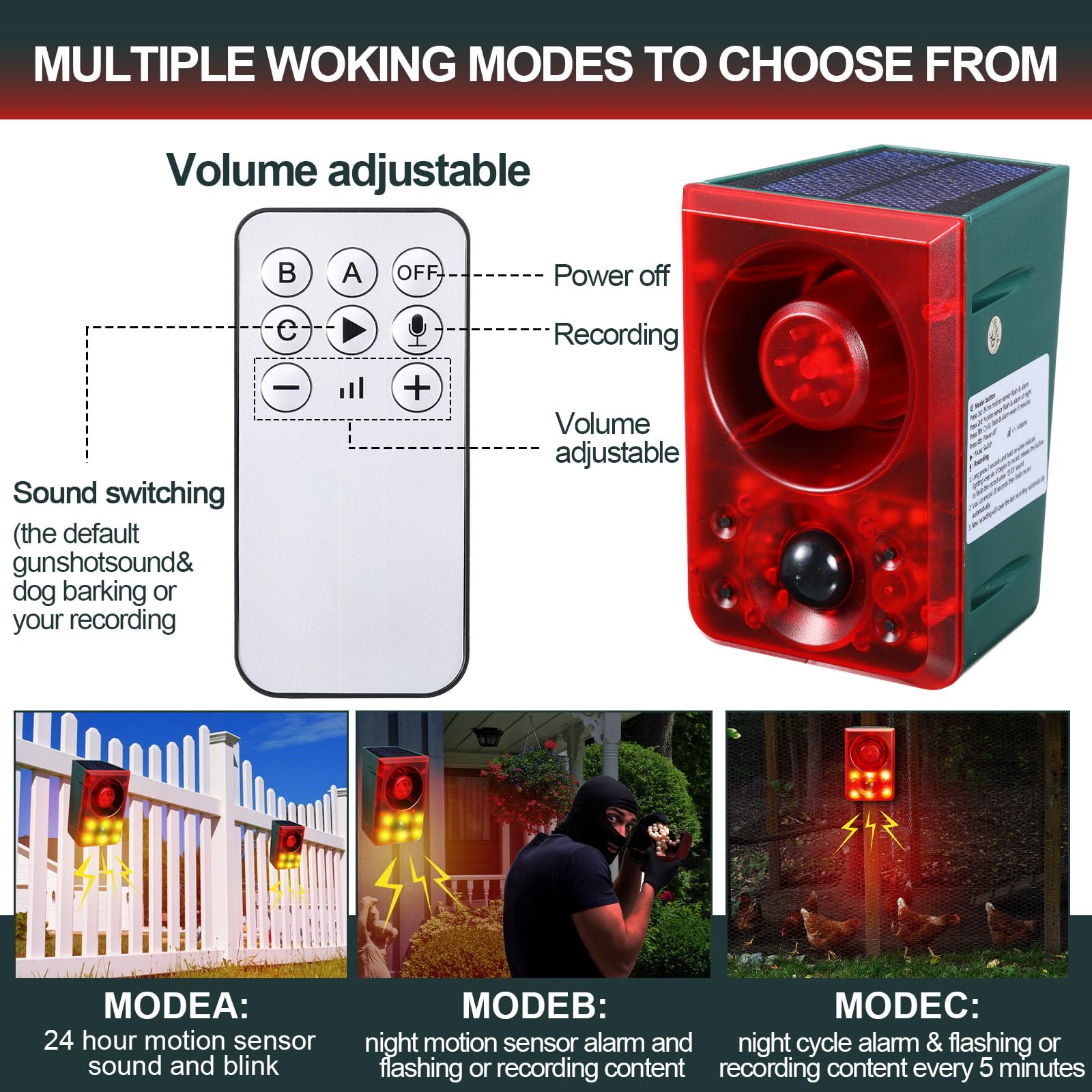 Solar Motion Sensor Alarm Outdoor - Dog Barking & Gunshot Sound, Support Recording & Adjustable Volume, 130db Loud Motion Detector Alarm with Strobe Light, Scare Away Coyote, Deer, Bear, Raccoon