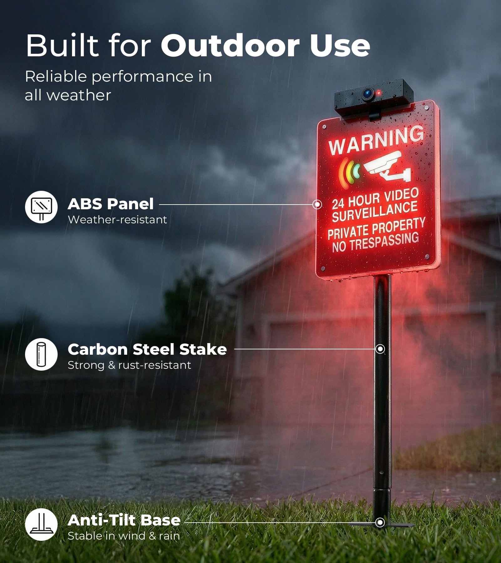 Solar No Trespassing Yard Sign with Stake — Active Nighttime Illumination, Highly Visible Metal & ABS Private Property Sign, Solar + Type-C Charging