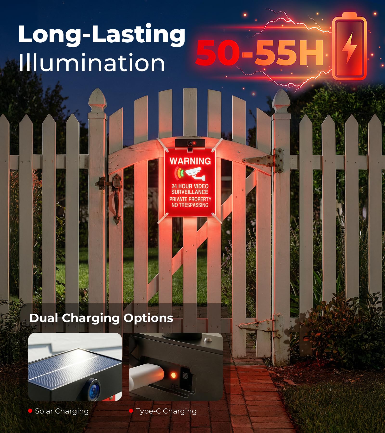Solar No Trespassing Yard Sign with Stake — Active Nighttime Illumination, Highly Visible Metal & ABS Private Property Sign, Solar + Type-C Charging