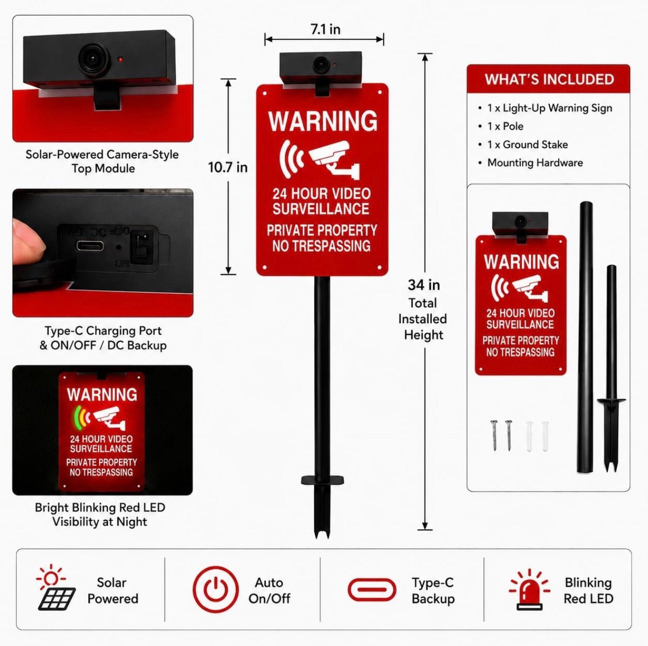 Solar No Trespassing Yard Sign with Stake — Active Nighttime Illumination, Highly Visible Metal & ABS Private Property Sign, Solar + Type-C Charging