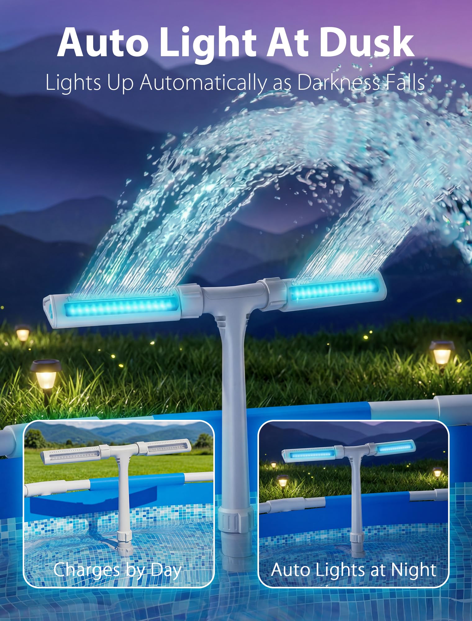 Solar Pool Fountain with 10-Color 4-Modes Lights, Dual Spray Waterfall Sprinkler 360° Adjustable, Compatible with Above & Inground Pools