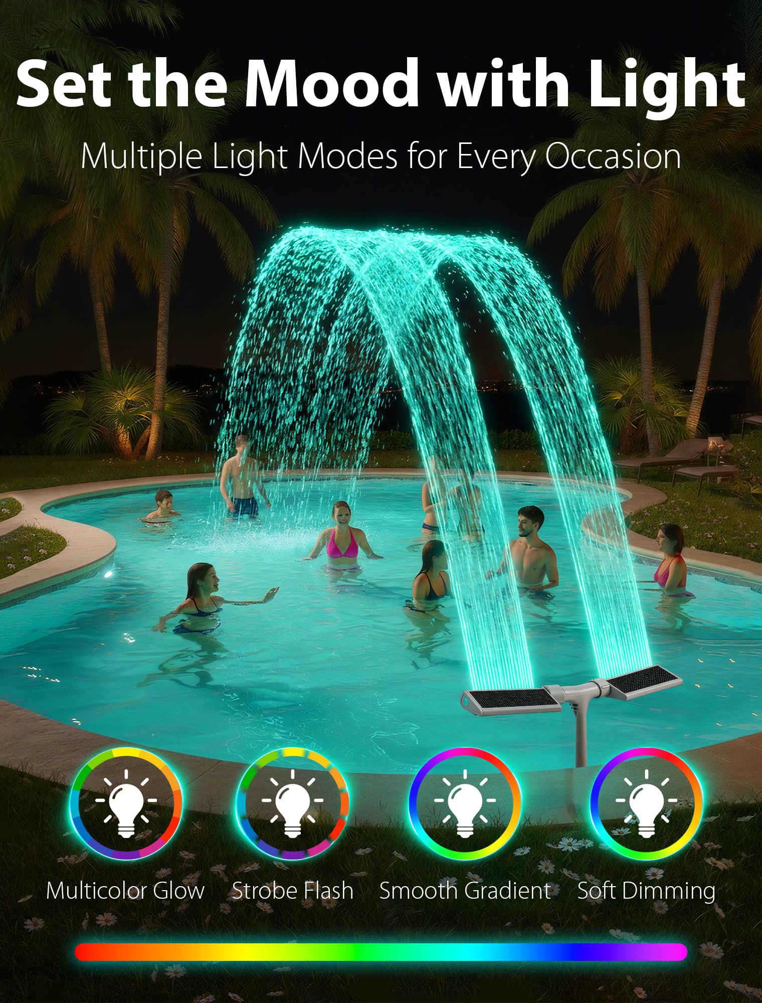 Solar Pool Fountain with 10-Color 4-Modes Lights, Dual Spray Waterfall Sprinkler 360° Adjustable, Compatible with Above & Inground Pools