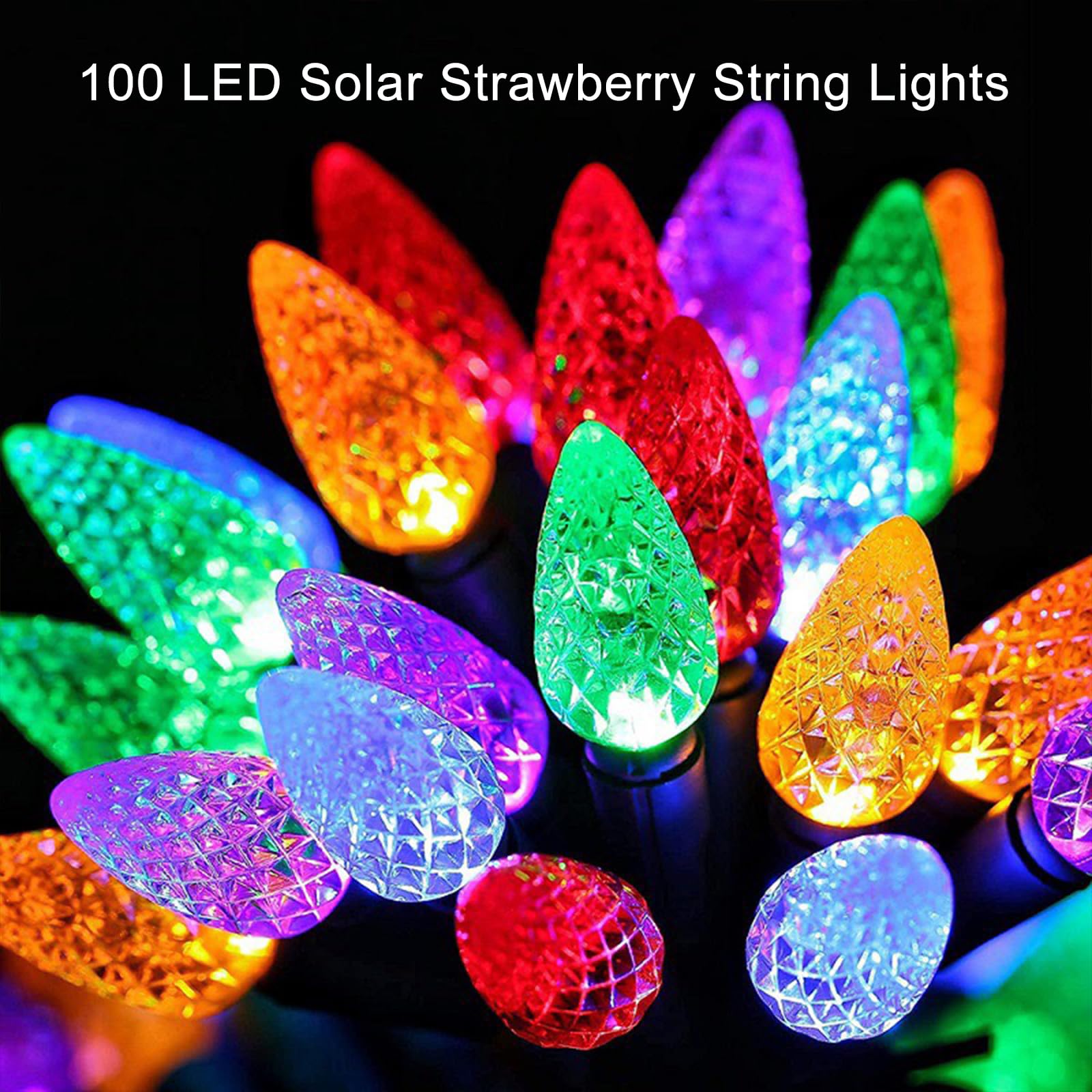 Solar String Strawberry Lights Outdoor 100 LED 40Ft Multi-Color Christmas Fairy Lights with 8 Lighting Modes, Waterproof