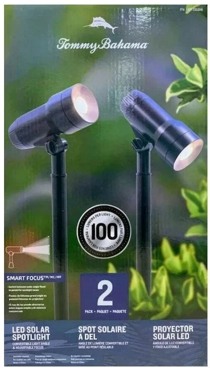 Tommy Bahama Solar LED Landscape Spotlights with Remote Solar Panels – 100 Lumens, 2-Pack