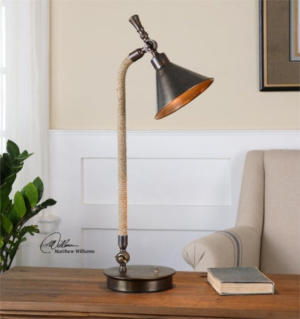 Uttermost Duvall Task Lamp - 1 Light - 24in Wide, 7.75in Deep - Oxidized Bronze and Tea Stained Rope - Model 29180-1
