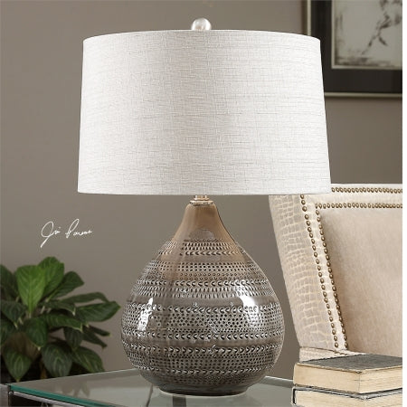 Uttermost Batova Table Lamp - 1 Light - 25 H - 17 W x 17 D - Warm Smoke Gray Glaze/Brushed Nickel - Model 27057-1