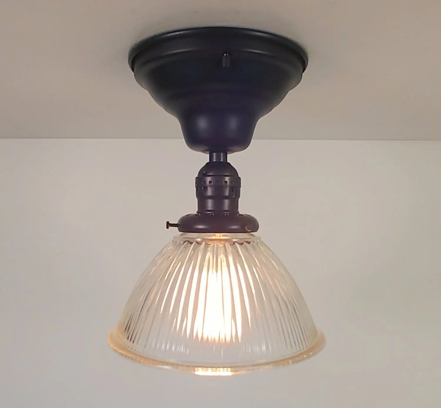 Vintage Factory Holophane Glass With Exposed Socket Light