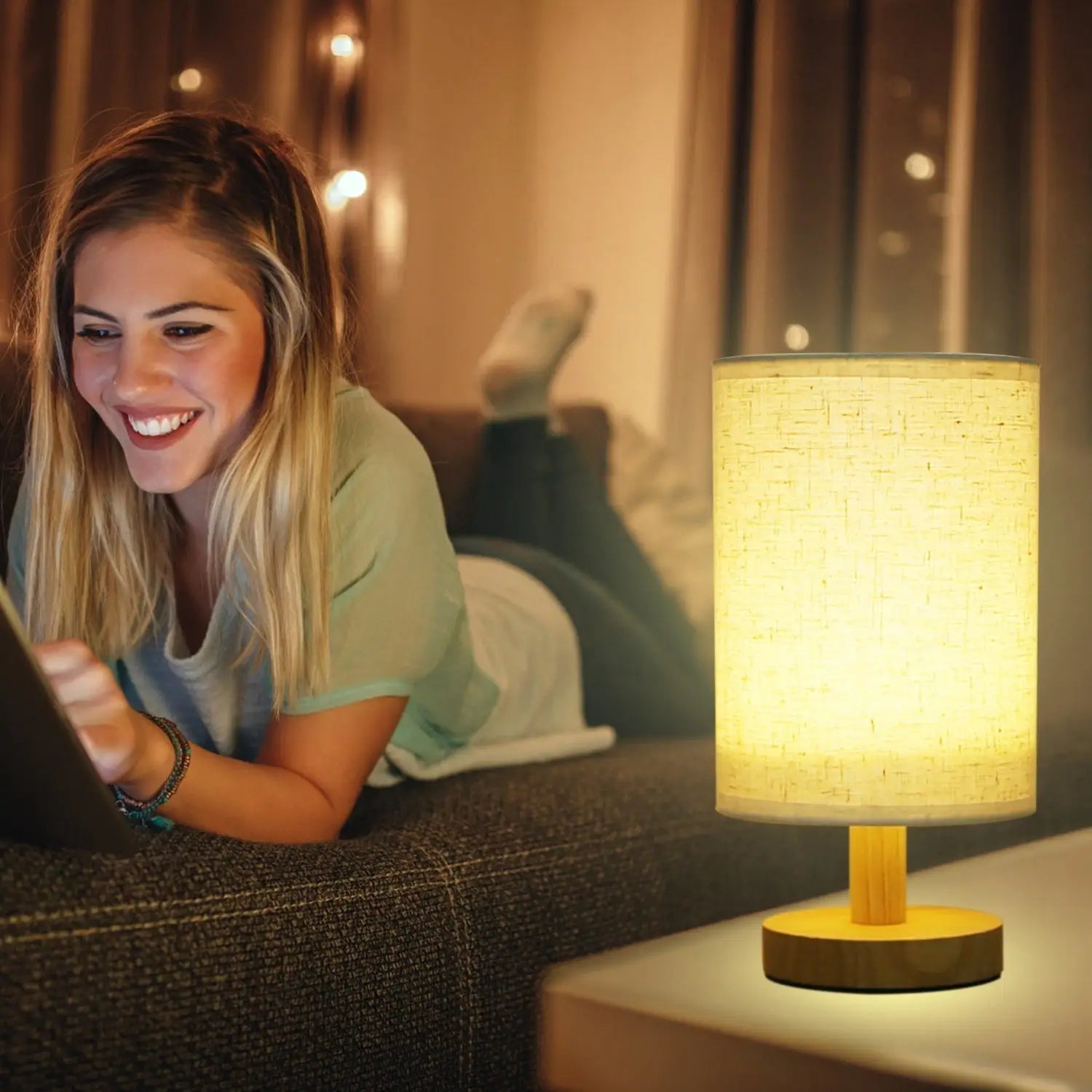 Wood & White Desk Lamp with Bamboo Base and Warm 3000K Lighting