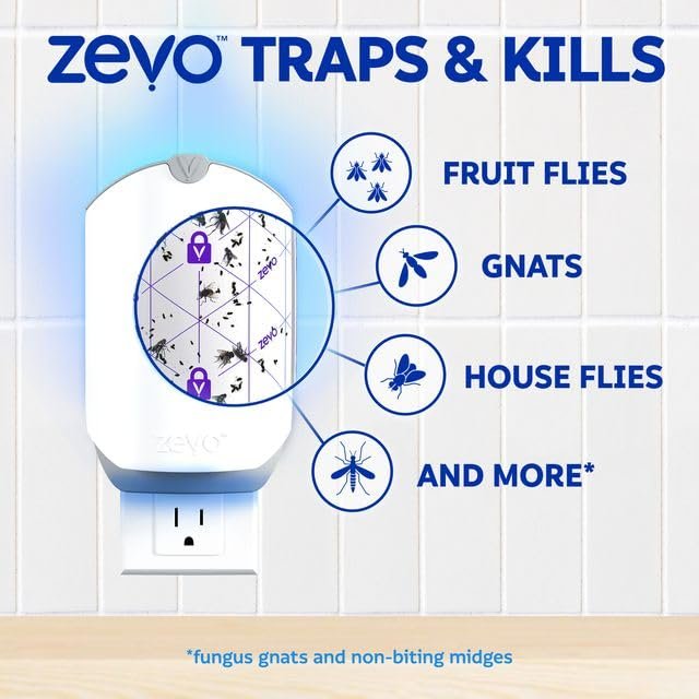 Zevo 1 Flying Insect Traps & 2 Refill Cartridges - Plug in Fly Trap & Indoor Bug Catcher for Gnats, House & Fruit Flies - Blue & UV Light Technology, Mess-Free Alternative to Bug Zapper