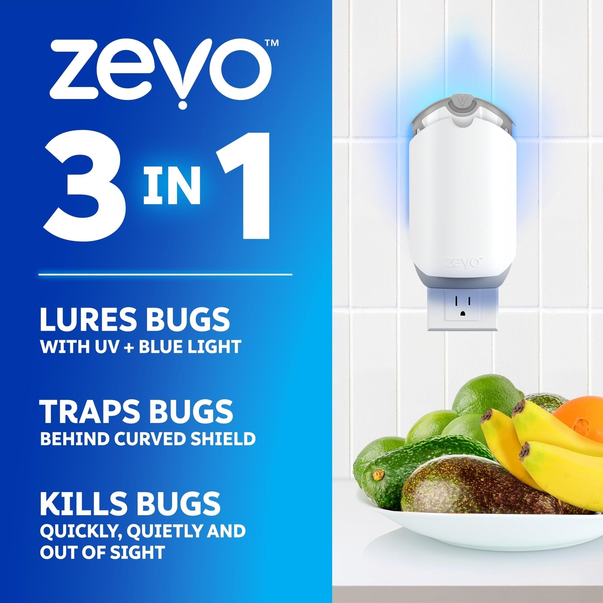 Zevo 1 Flying Insect Traps & 2 Refill Cartridges - Plug in Fly Trap & Indoor Bug Catcher for Gnats, House & Fruit Flies - Blue & UV Light Technology, Mess-Free Alternative to Bug Zapper
