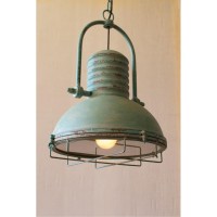 Antique Turquoise Pendant Light With Glass And Wire Cage