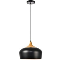 Living District Nora 1 Light Aluminum Pendant In Black & Natural Wood