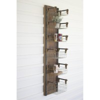 Recycled Wood & Metal Wall Rack W Six Wire Storage Baskets