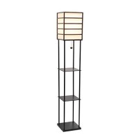 Lalia Home 1 Light Metal Etagere Floor Lamp With Storage Shelves And Linen Shade - Dark Wood