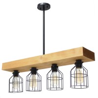 Lalia Home 4 Light Rustic Farmhouse Pendant With Light Wood Beam And Matte Black Metal Cage Shade