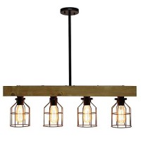 Lalia Home 4 Light Rustic Farmhouse Pendant With Light Wood Beam And Matte Black Metal Cage Shade