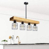 Lalia Home 4 Light Rustic Farmhouse Pendant With Light Wood Beam And Matte Black Metal Cage Shade