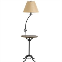 150 W 3 Way Iron Floor Lamp With Wood Tray Table Beige Fabric Shades Cherry Finish