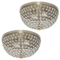 Elegant Designs Elipse Crystal 13 Inch Modern Metal 2 Light Bowl Shaped Ceiling Flush Mount Fixture 2 Pack For Bedroom, Living Room, Entryway, Hallway, Foyer, Dining Room, Antique Brass