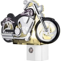 Ge Led Motorcycle Night Light, Plug-In, Dusk-To-Dawn Sensor, Auto On/Off, Energy-Efficient, Soft White, Flames & Chrome Design, Ideal For Bedroom, Playroom, Bathroom, & More, Black/Silver, 10904