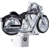 Ge Led Motorcycle Night Light, Plug-In, Dusk-To-Dawn Sensor, Auto On/Off, Energy-Efficient, Soft White, Flames & Chrome Design, Ideal For Bedroom, Playroom, Bathroom, & More, Black/Silver, 10904