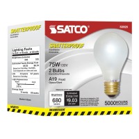 Satco S3928 75 Watt 680 Lumens A19 Incandescent Rough Service Shatterpoof Light Bulb, 2-Pack