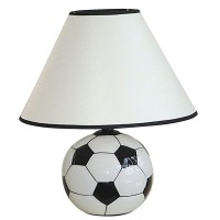 With a ceramic base in the shape of a soccer ball this table lamp is perfect for any sports fan Contrasting black trim around both the top and bottom accent the linen shade Onoff switch on lamp socket