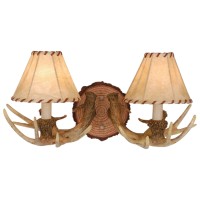 Lodge 2 Light Rustic Wood Antler Armed Wall Sconce Faux Leather Shade