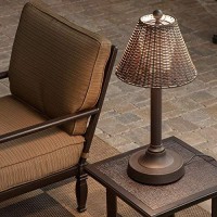 All weather hand woven PVC wicker shades highlight these elegant weatherproof lamps All resin construction with heavy weighted bases and two level dimming switch ensure these lamps will enhance any outdoor living are Unbreakable polycarbonate light bulb e