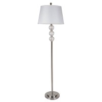 This Satin Nickel Floor Lamp has an antiqueinspired design that features a round base in a satin nickel finish It has beautiful crystallike glass accents and a drumshaped shade made of classic white linen Bulb not includedColor SilversMaterial MetalAssemb