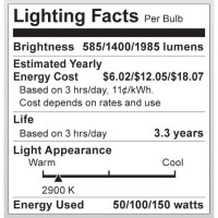 Satco S4506 50-100-150 Watt 585-1400-1985 Lumens A21 Halogen Medium Base 120 Volt White Light Bulb, 3 Way